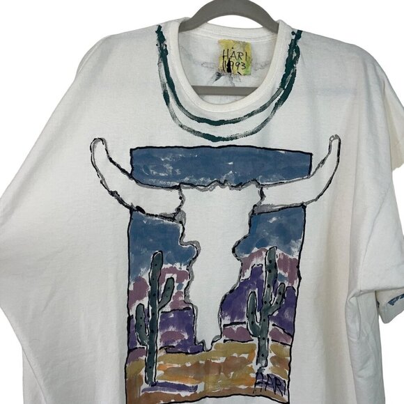 Hari 1993 Vintage Mens Tee Shirt  Size XL White Hand Painted Southwest Theme - Picture 2 of 7